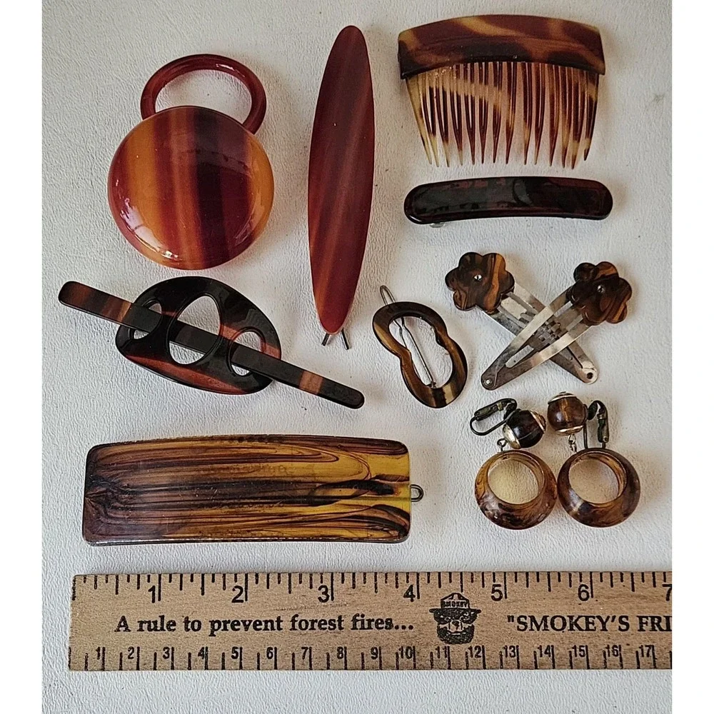 Vtg Celluloid  Tortoise Hair Comb/Clips Belt Buckle Earring Lot